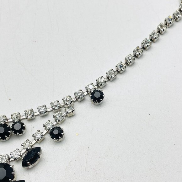 Vintage Black Rhinestone Necklace Silver Tone Choker Evening Jewelry - Picture 4 of 9